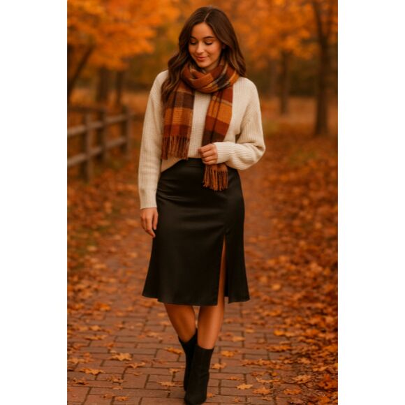 151 Black Satin High-Split Midi Skirt with Elastic Waist - Picture 1 of 4